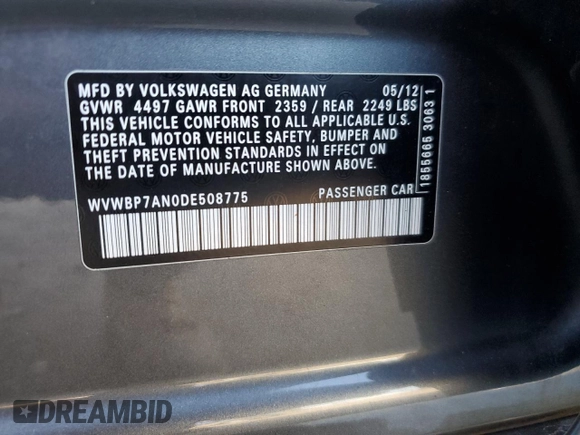 2013 Volkswagen CC R-Line with VIN WVWBP7AN0DE508775, listed as a Copart auction lot 74292864 with 76,086 mi miles and Salvage Title. Bid and sale history available at carsss.com. Image 12.