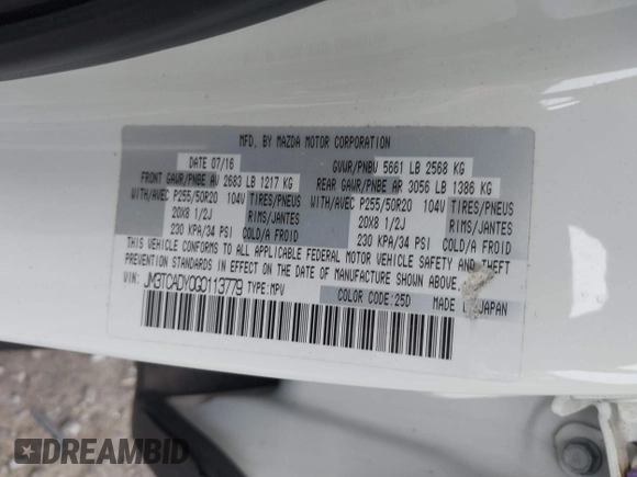 2016 Mazda CX-9 Grand Touring with VIN JM3TCADY0G0113779, listed as a IAAI auction lot 41466750 with 58,035 mi miles and . Bid and sale history available at DreamBid. Image 9.