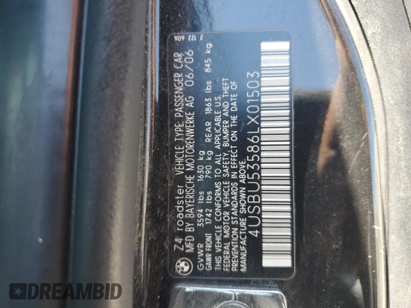 2006 BMW Z4 3.0si z VIN 4USBU53586LX01503, wystawiony jako Copart lot #64244495 z przebiegiem 116 616 mil mil oraz Szkoda całkowita • Salvage title. Historia ofert i sprzedaży dostępna na DreamBid. Obrazek 12.