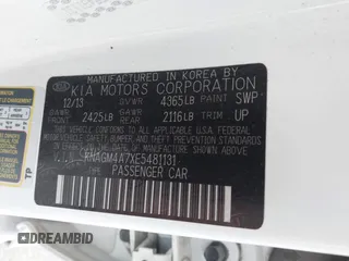 2014 Kia Optima LX with VIN KNAGM4A7XE5481131, listed as a IAAI auction lot 42494495 with 97,223 mi miles and . Bid and sale history available at DreamBid. Image 9.