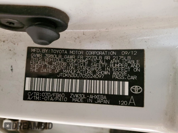 2012 Toyota Prius One with VIN JTDKN3DU7C5524097, listed as a Copart auction lot 49302795 with 147,399 mi miles and Salvage Title. Bid and sale history available at carsss.com. Image 14.