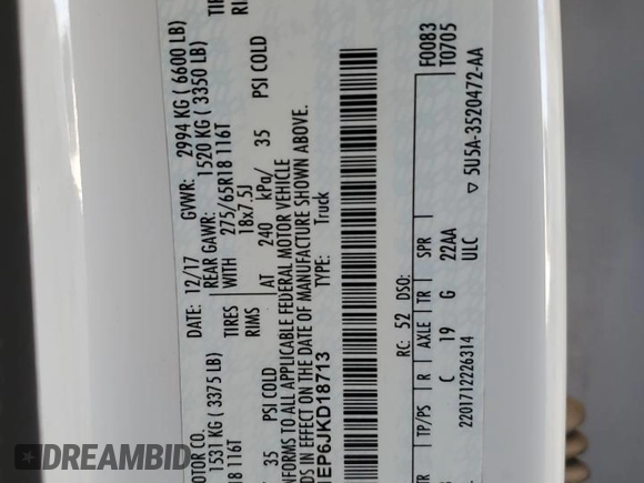 2018 Ford F-150 XL z VIN 1FTEW1EP6JKD18713, wystawiony jako Copart lot #59118324 z przebiegiem 95 203 mil mil oraz Szkoda całkowita • Salvage title. Historia ofert i sprzedaży dostępna na DreamBid. Obrazek 12.