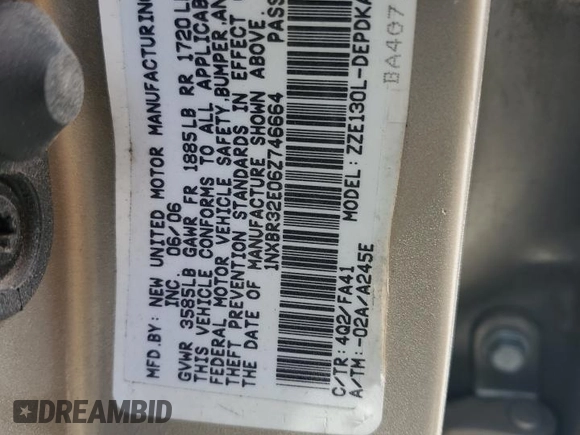 2006 Toyota Corolla CE with VIN 1NXBR32E06Z746664, listed as a Copart auction lot 53706325 with Not Provided miles and Salvage Title. Bid and sale history available at DreamBid. Image 12.