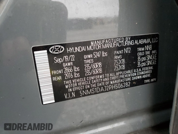 2023 Hyundai Santa Fe SE с VIN 5NMS1DAJ2PH506282, выставлен на аукционе Copart как лот 50141025 с пробегом 26 153 миль миль и Списание • Salvage title. История ставок и продаж доступна на DreamBid. Изображение 13.