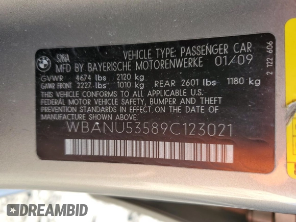 2009 BMW 5 Series 528i with VIN WBANU53589C123021, listed as a Copart auction lot 41769955 with 110,715 mi miles and Salvage Title. Bid and sale history available at carsss.com. Image 14.