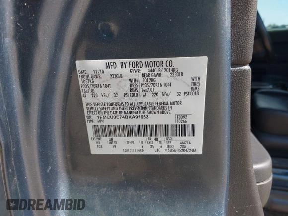 2011 Ford Escape Limited с VIN 1FMCU0E74BKA91963, выставлен на аукционе IAAI как лот 42737330 с пробегом 188 807 миль миль и . История ставок и продаж доступна на DreamBid. Изображение 9.