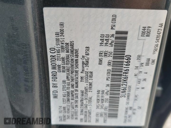 2015 Lincoln MKZ с VIN 3LN6L2JK6FR616660, выставлен на аукционе Copart как лот 66220555 с пробегом 47 377 миль миль и Списание • Salvage title. История ставок и продаж доступна на DreamBid. Изображение 12.