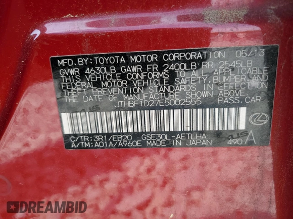 2014 Lexus IS 250 z VIN JTHBF1D27E5002555, wystawiony jako Copart lot #54317715 z przebiegiem 211 277 mil mil oraz Szkoda całkowita • Salvage title. Historia ofert i sprzedaży dostępna na DreamBid. Obrazek 12.