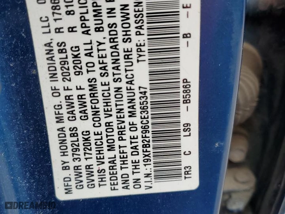2012 Honda Civic Sdn EX-L with VIN 19XFB2F96CE365347, listed as a Copart auction lot 52829365 with 150,824 mi miles and Salvage Title. Bid and sale history available at carsss.com. Image 12.