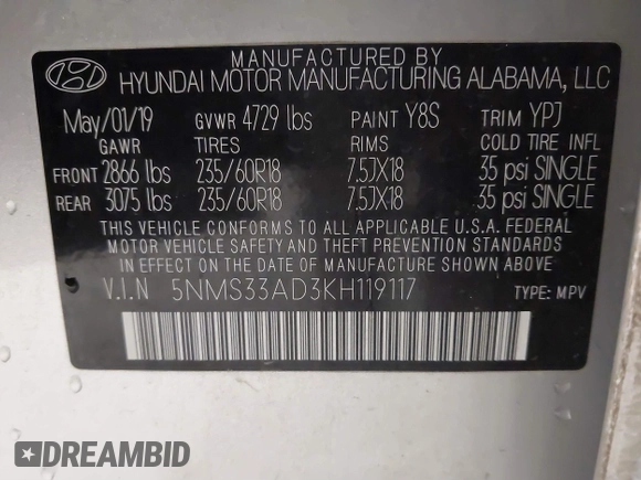2019 Hyundai Santa Fe SEL with VIN 5NMS33AD3KH119117, listed as a IAAI auction lot 40968190 with 100,350 mi miles and . Bid and sale history available at DreamBid. Image 9.