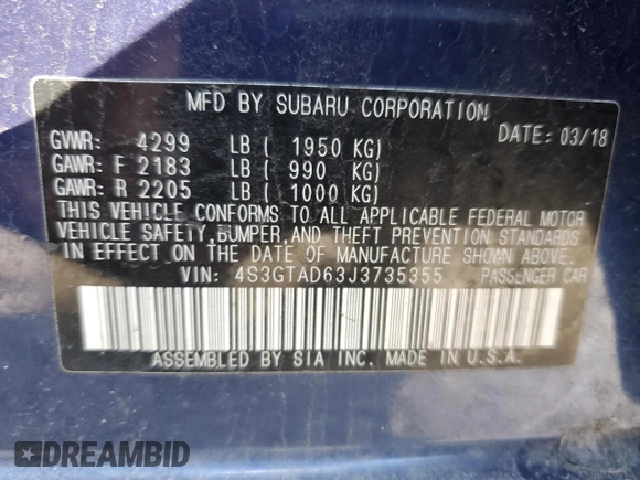 2018 Subaru Impreza Premium z VIN 4S3GTAD63J3735355, wystawiony jako Copart lot #44506725 z przebiegiem 78 821 mil mil oraz Szkoda całkowita • Salvage title. Historia ofert i sprzedaży dostępna na DreamBid. Obrazek 12.