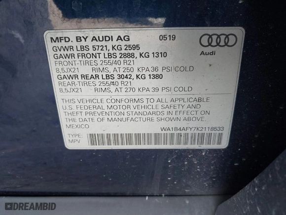 2019 Audi SQ5 Premium Plus with VIN WA1B4AFY7K2118533, listed as a IAAI auction lot 41831763 with 66,432 mi miles. Bid and sale history available at carsss.com. Image 9.