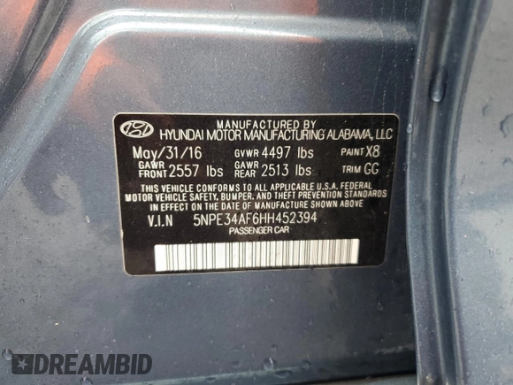 2017 Hyundai Sonata Sport with VIN 5NPE34AF6HH452394, listed as a Copart auction lot 52299045 with Not Provided miles and Salvage Title. Bid and sale history available at DreamBid. Image 13.