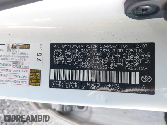 2008 Toyota Prius with VIN JTDKB20UX83357830, listed as a IAAI auction lot 40937503 with 262,868 mi miles. Bid and sale history available at carsss.com. Image 9.