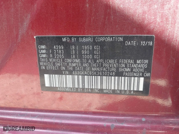 2019 Subaru Impreza Premium with VIN 4S3GKAC65K3610248, listed as a IAAI auction lot 41674314 with 84,166 mi miles. Bid and sale history available at carsss.com. Image 9.