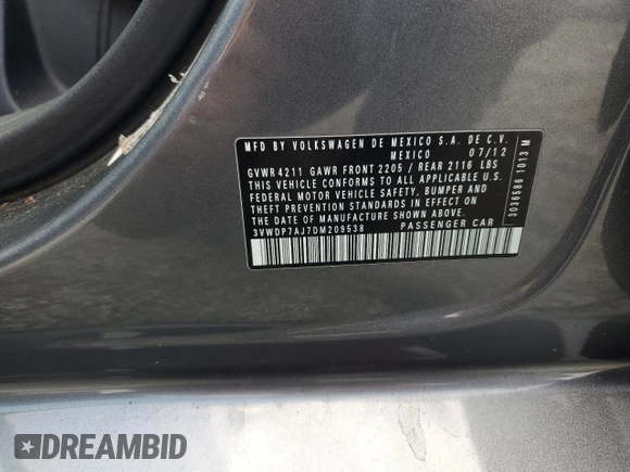 2013 Volkswagen Jetta SE z VIN 3VWDP7AJ7DM209538, wystawiony jako Copart lot #59799815 z przebiegiem 117 073 mil mil oraz Szkoda całkowita • Salvage title. Historia ofert i sprzedaży dostępna na DreamBid. Obrazek 12.