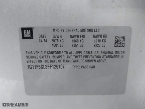 2015 Chevrolet Malibu LTZ with VIN 1G11F5SL8FF125107, listed as a IAAI auction lot 42026249 with 131,186 mi miles. Bid and sale history available at carsss.com. Image 9.