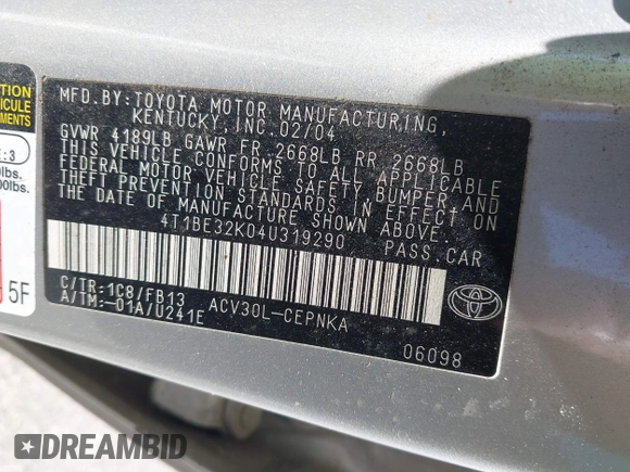 2004 Toyota Camry LE with VIN 4T1BE32K04U319290, listed as a IAAI auction lot 42019125 with 304,666 mi miles. Bid and sale history available at carsss.com. Image 9.