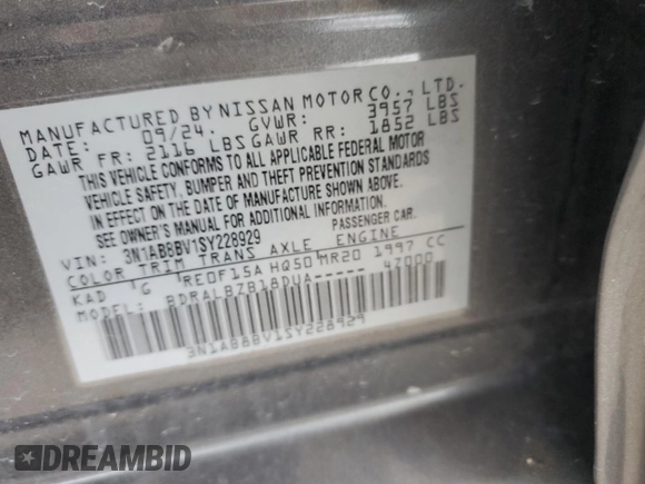 2025 Nissan Sentra S z VIN 3N1AB8BV1SY228929, wystawiony jako Copart lot #58368595 z przebiegiem 11 772 mil mil oraz Czysty tytuł • Clean title. Historia ofert i sprzedaży dostępna na DreamBid. Obrazek 12.