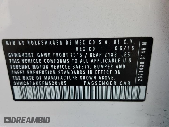 2015 Volkswagen Golf SportWagen TDI SE with VIN 3VWCA7AU5FM520105, listed as a Copart auction lot 71057704 with 96,457 mi miles and Salvage Title. Bid and sale history available at carsss.com. Image 13.