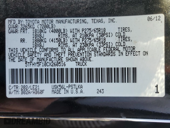 2012 Toyota Tundra 4WD Truck LTD with VIN 5TFHY5F10CX260516, listed as a Copart auction lot 88302945 with 117,564 mi miles and Salvage Title. Bid and sale history available at carsss.com. Image 13.