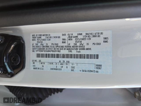 2019 Ford F-150 Limited with VIN 1FTEW1EG8KFB25182, listed as a Copart auction lot 53209395 with 101,177 mi miles and Clean Title. Bid and sale history available at carsss.com. Image 10.