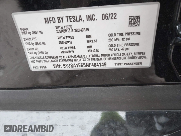 2022 Tesla Model S Plaid with VIN 5YJSA1E65NF484149, listed as a IAAI auction lot 40937538 with 11,459 mi miles and . Bid and sale history available at DreamBid. Image 9.