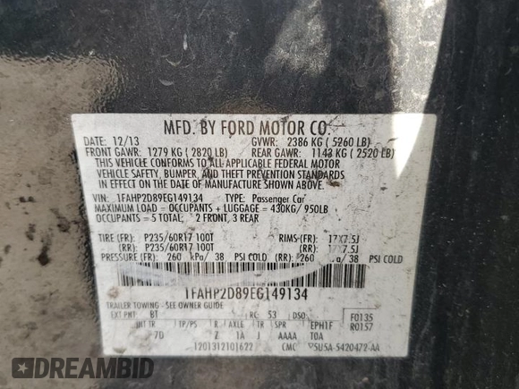 2014 Ford Taurus SE with VIN 1FAHP2D89EG149134, listed as a Copart auction lot 52363465 with 184,252 mi miles and Salvage Title. Bid and sale history available at carsss.com. Image 12.