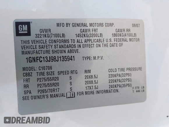 2008 Chevrolet Tahoe LTZ с VIN 1GNFC13J98J135941, выставлен на аукционе IAAI как лот 42144768 с пробегом 351 260 миль миль и . История ставок и продаж доступна на DreamBid. Изображение 9.