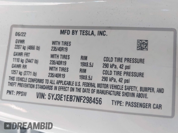 2022 Tesla Model 3 Long Range with VIN 5YJ3E1EB7NF298456, listed as a IAAI auction lot 41859304 with Not Provided miles and . Bid and sale history available at DreamBid. Image 9.