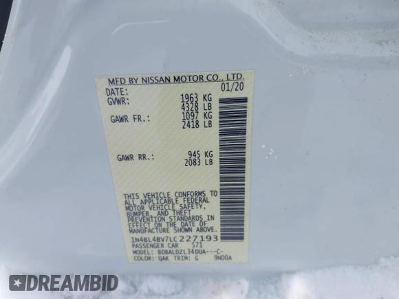 2020 Nissan Altima S with VIN 1N4BL4BV7LC227193, listed as a IAAI auction lot 41423052 with 84,910 mi miles and . Bid and sale history available at DreamBid. Image 9.