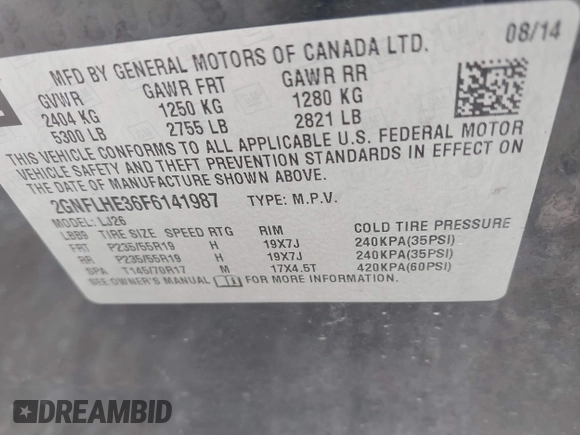 2015 Chevrolet Equinox LTZ with VIN 2GNFLHE36F6141987, listed as a IAAI auction lot 41909185 with 135,840 mi miles and . Bid and sale history available at DreamBid. Image 9.