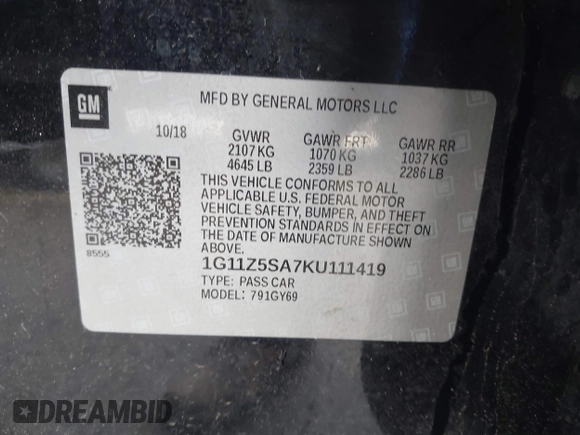 2019 Chevrolet Impala LT with VIN 1G11Z5SA7KU111419, listed as a IAAI auction lot 41420602 with 119,589 mi miles and . Bid and sale history available at DreamBid. Image 9.