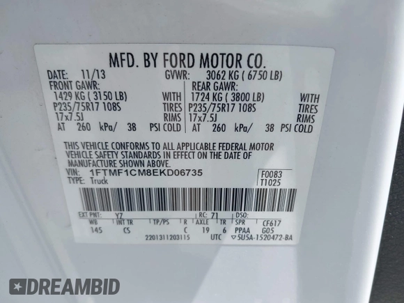 2014 Ford F-150 XL с VIN 1FTMF1CM8EKD06735, выставлен на аукционе IAAI как лот 42321905 с пробегом 135 379 миль миль и . История ставок и продаж доступна на DreamBid. Изображение 9.
