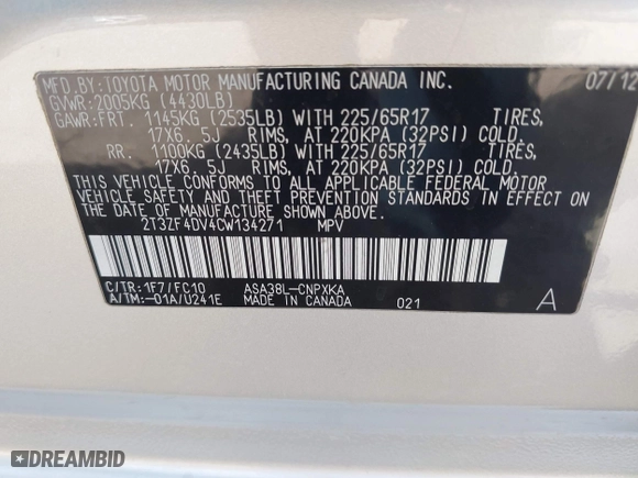 2012 Toyota RAV4 with VIN 2T3ZF4DV4CW134271, listed as a IAAI auction lot 41712231 with 80,984 mi miles. Bid and sale history available at carsss.com. Image 9.