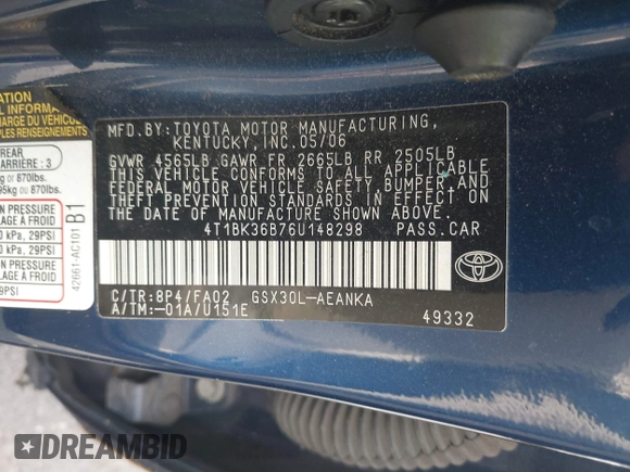 2006 Toyota Avalon XL z VIN 4T1BK36B76U148298, wystawiony jako IAAI lot #41687879 z przebiegiem Nie podano mil oraz . Historia ofert i sprzedaży dostępna na DreamBid. Obrazek 9.