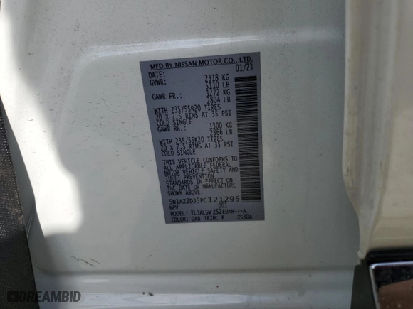 2023 Nissan Murano Platinum with VIN 5N1AZ2DJ5PC121295, listed as a Copart auction lot 71807944 with 17,286 mi miles and Salvage Title. Bid and sale history available at carsss.com. Image 12.