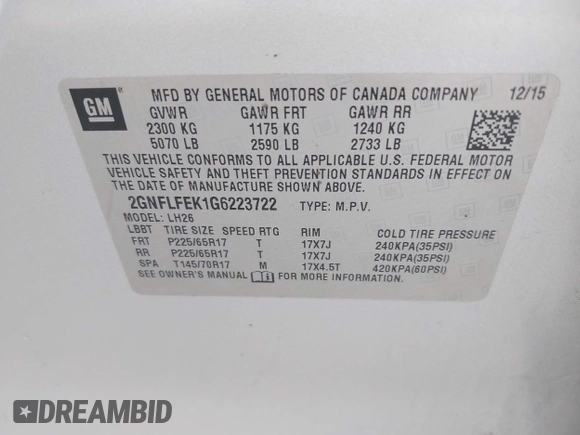 2016 Chevrolet Equinox LT with VIN 2GNFLFEK1G6223722, listed as a IAAI auction lot 41994636 with 116,039 mi miles and . Bid and sale history available at DreamBid. Image 9.