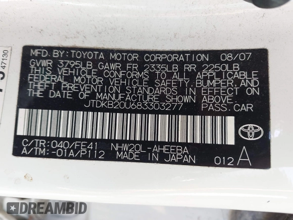 2008 Toyota Prius with VIN JTDKB20U683303277, listed as a IAAI auction lot 42108561 with 199,890 mi miles. Bid and sale history available at carsss.com. Image 9.