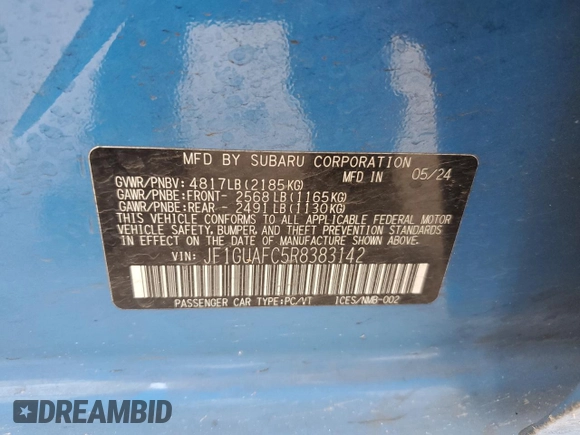 2024 Subaru Impreza Sport with VIN JF1GUAFC5R8383142, listed as a Copart auction lot 53307565 with 23,832 mi miles and Salvage Title. Bid and sale history available at carsss.com. Image 13.