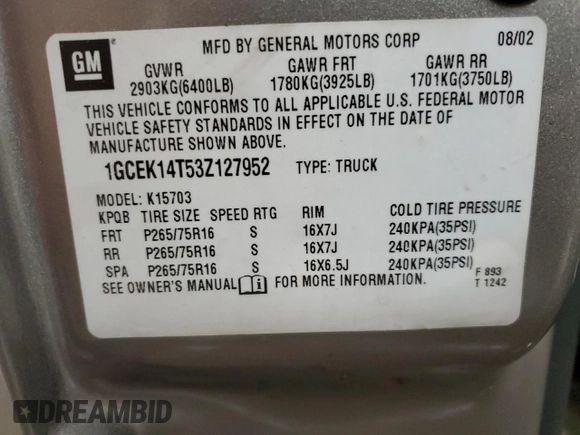 2003 Chevrolet Silverado 1500 LS with VIN 1GCEK14T53Z127952, listed as a Copart auction lot 78029914 with 167,923 mi miles and Salvage Title. Bid and sale history available at DreamBid. Image 14.