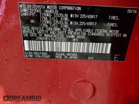 2017 Toyota RAV4 LE z VIN JTMBFREV7HJ123820, wystawiony jako Copart lot #56387685 z przebiegiem 35 008 mil mil oraz Szkoda całkowita • Salvage title. Historia ofert i sprzedaży dostępna na DreamBid. Obrazek 13.