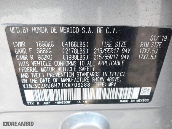2019 Honda HR-V EX-L with VIN 3CZRU6H71KM706288, listed as a IAAI auction lot 41600575 with 76,645 mi miles. Bid and sale history available at carsss.com. Image 9.