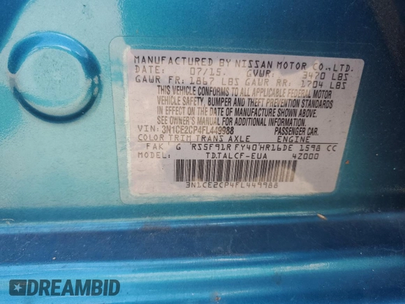 2015 Nissan Note SR с VIN 3N1CE2CP4FL449988, выставлен на аукционе Copart как лот 55573525 с пробегом 93 511 миль миль и Списание • Salvage title. История ставок и продаж доступна на DreamBid. Изображение 12.