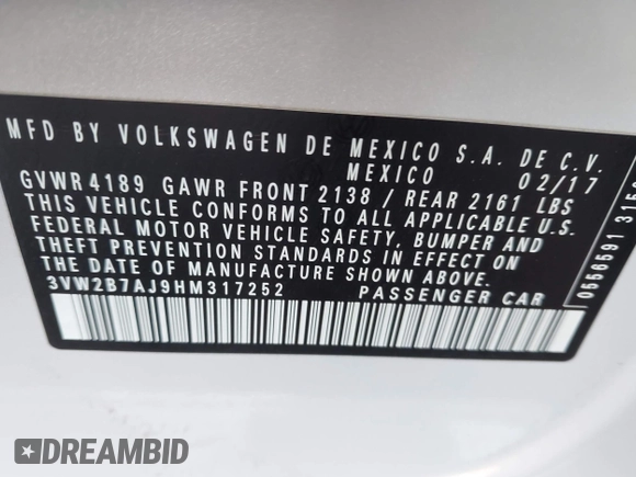 2017 Volkswagen Jetta S with VIN 3VW2B7AJ9HM317252, listed as a IAAI auction lot 42565921 with 89,437 mi miles and . Bid and sale history available at DreamBid. Image 9.