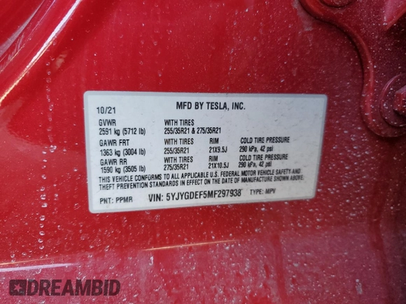 2021 Tesla Model Y Performance with VIN 5YJYGDEF5MF297938, listed as a Copart auction lot 46754415 with Not Provided miles and Salvage Title. Bid and sale history available at DreamBid. Image 13.