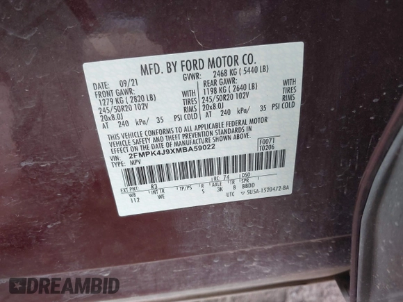 2021 Ford Edge SEL z VIN 2FMPK4J9XMBA59022, wystawiony jako IAAI lot #40596255 z przebiegiem 41 770 mil mil oraz . Historia ofert i sprzedaży dostępna na DreamBid. Obrazek 9.