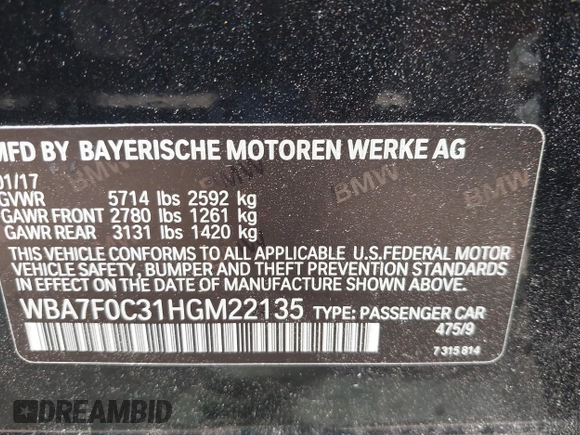 2017 BMW 7 Series 750i z VIN WBA7F0C31HGM22135, wystawiony jako IAAI lot #41919264 z przebiegiem 63 226 mil mil oraz . Historia ofert i sprzedaży dostępna na DreamBid. Obrazek 9.