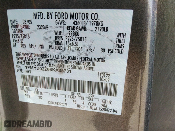2006 Ford Escape XLS with VIN 1FMYU02Z66KA85731, listed as a IAAI auction lot 37093710 with 248,986 mi miles and . Bid and sale history available at DreamBid. Image 9.