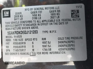2013 Buick Enclave Premium with VIN 5GAKRDKD6DJ121283, listed as a IAAI auction lot 41965667 with 133,231 mi miles and . Bid and sale history available at DreamBid. Image 9.